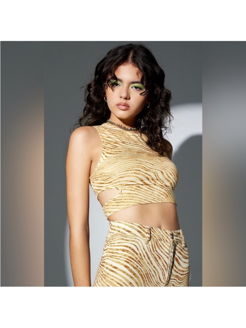Motel Rocks Galand Vest Crop Top in Desert Terrain Tan Side Cut Out Medium